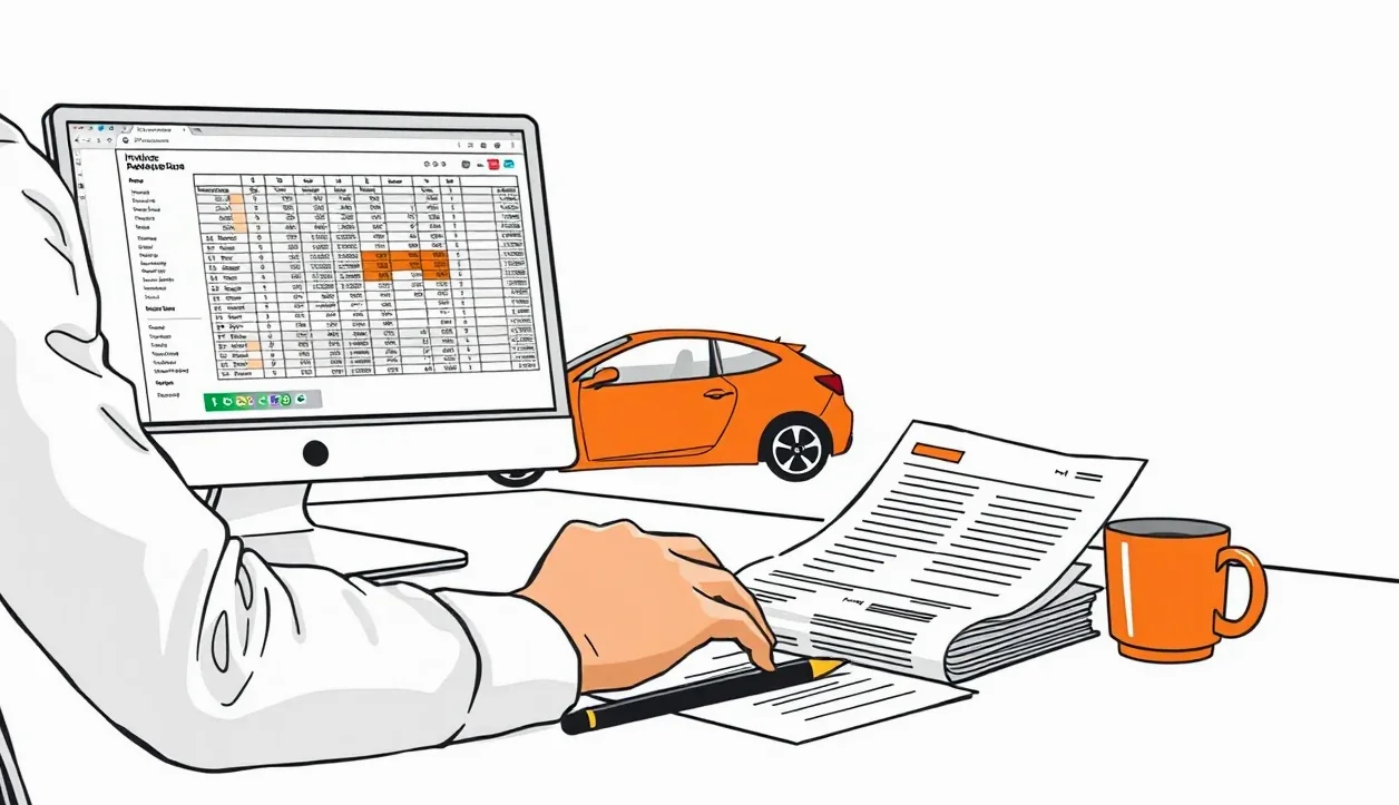 Účtovníčka kontroluje poistnú zmluvu a faktúru k firemnému automobilu v kancelárii