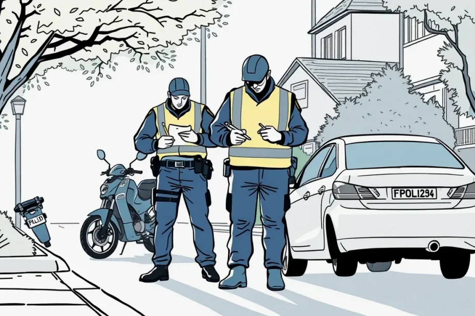 Policajná hliadka dokumentuje stopy po náraze na poškodenom aute na parkovisku