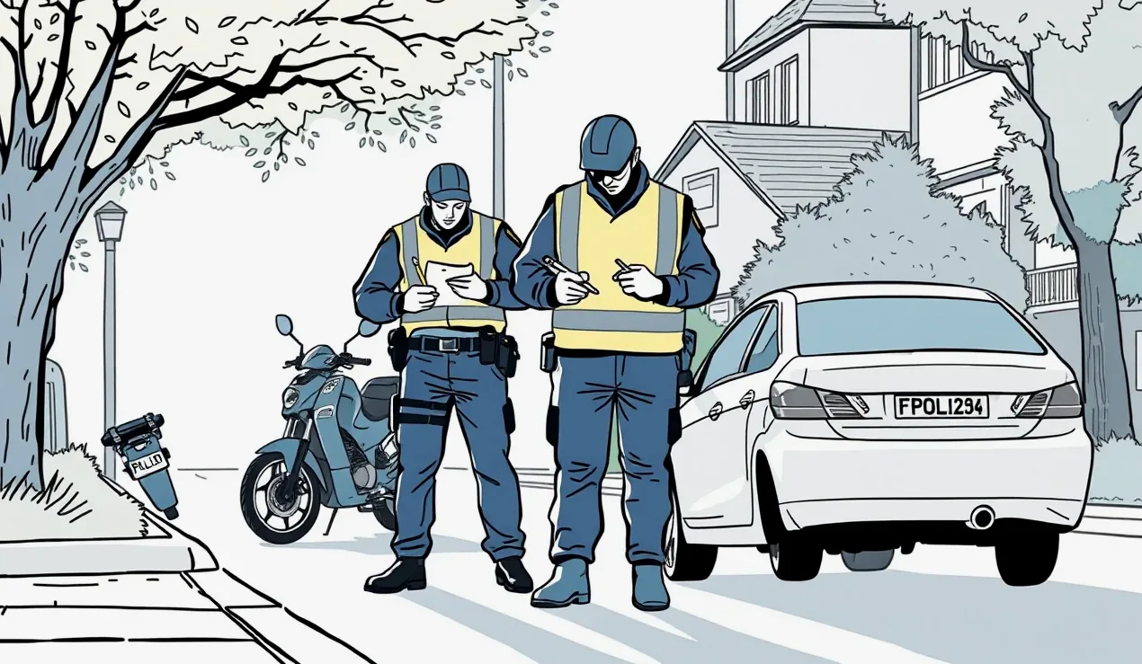 Policajná hliadka dokumentuje stopy po náraze na poškodenom aute na parkovisku