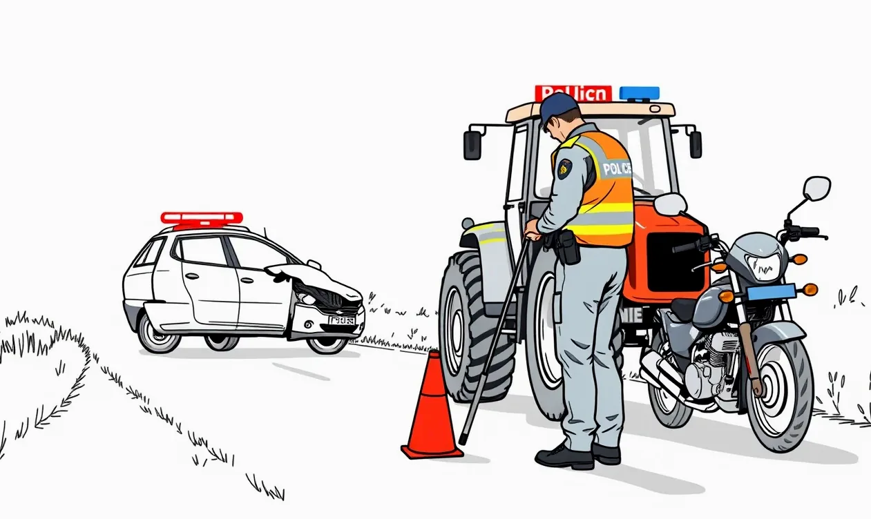 Policajné vozidlo a vyšetrovanie zrážky osobného auta s poľnohospodárskym mechanizmom za zníženej viditeľnosti