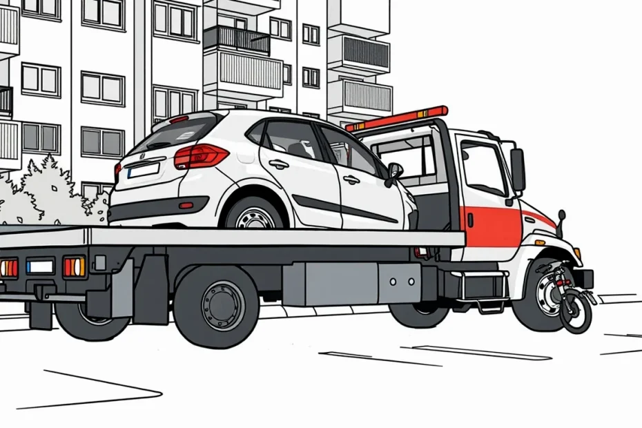 Odtahová služba nakladá nepojazdné auto na mestskom parkovisku