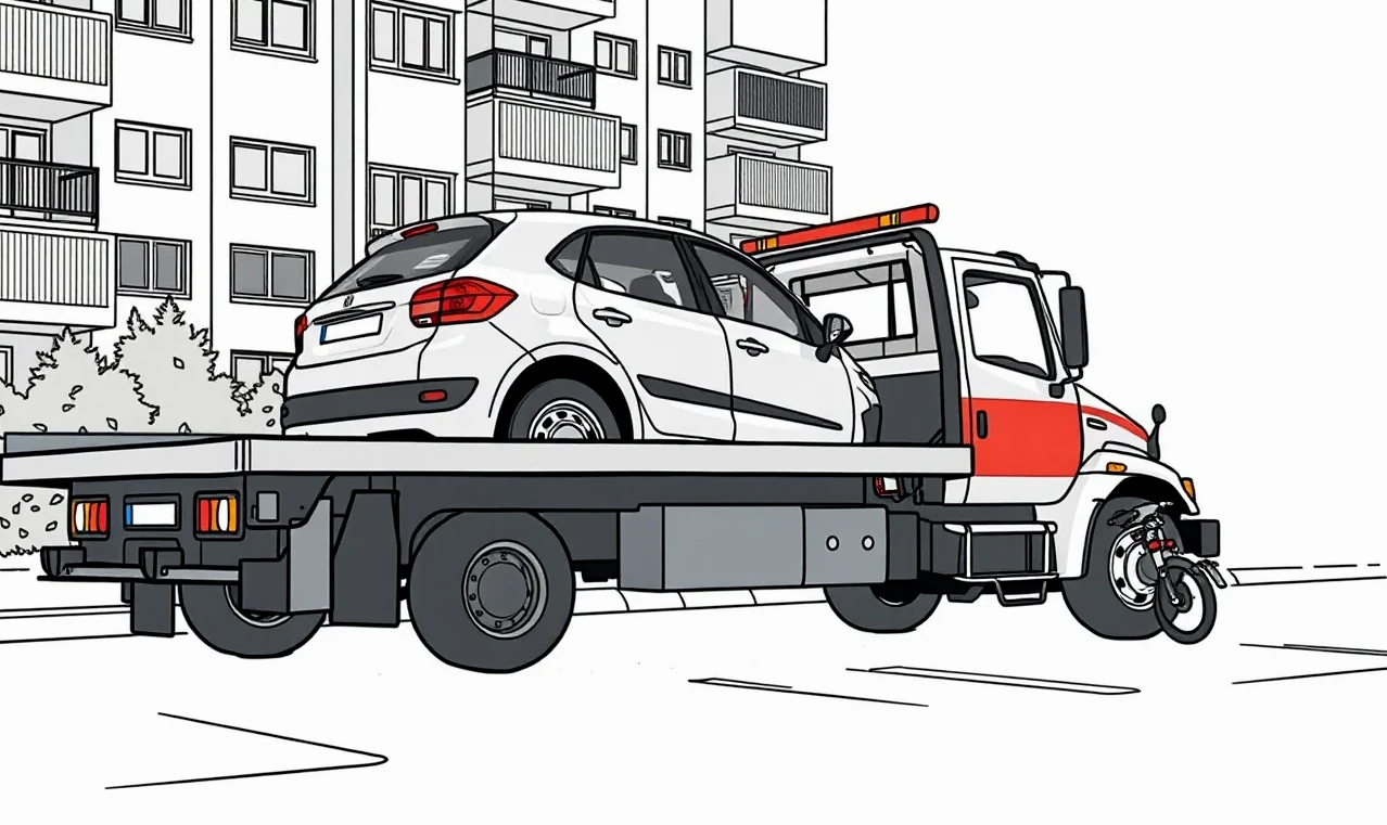 Odtahová služba nakladá nepojazdné auto na mestskom parkovisku
