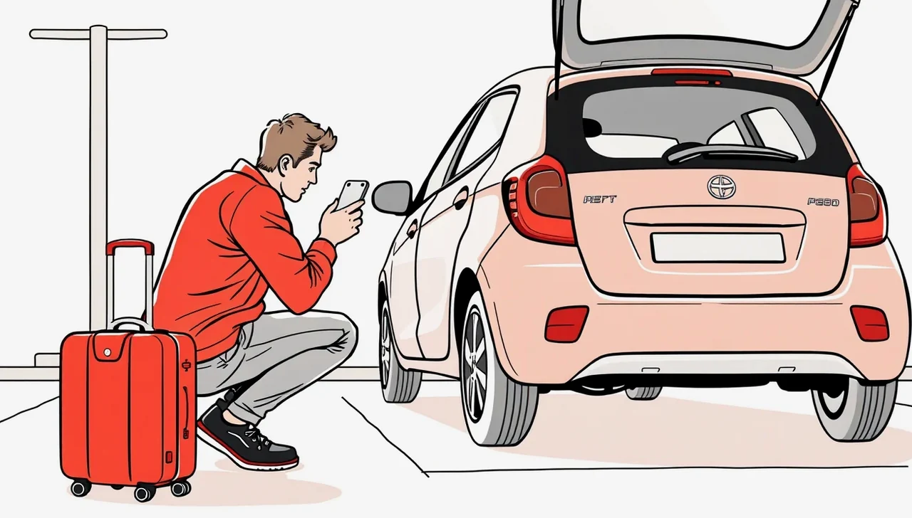 Kontrola stavu pneumatík a karosérie auta pred odchodom z autopožičovne