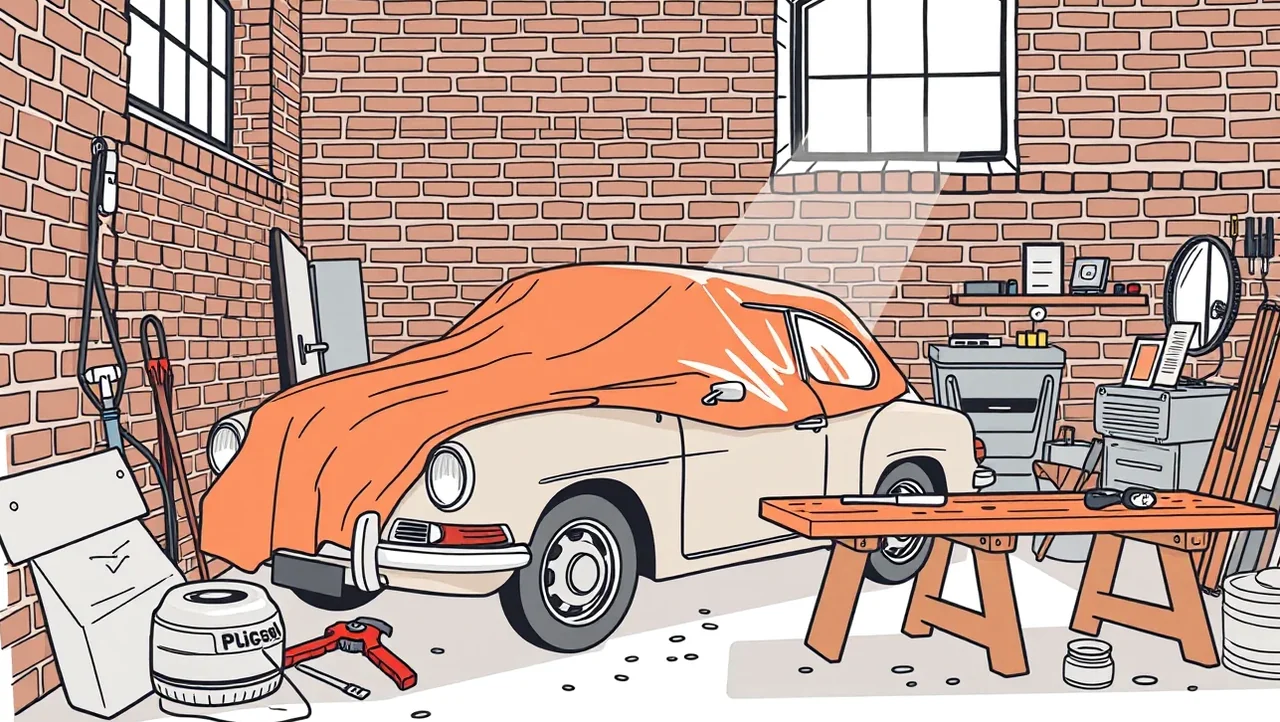 Mechanik kontroluje podvozok historického automobilu pred technickou kontrolou