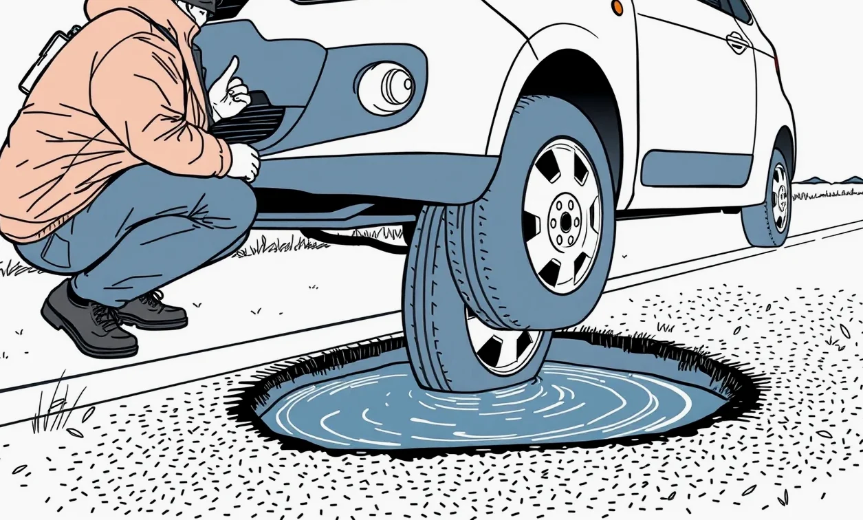 Prasknutý plastový kryt motora a poškriabaný podvozok osobného auta po náraze na obrubník
