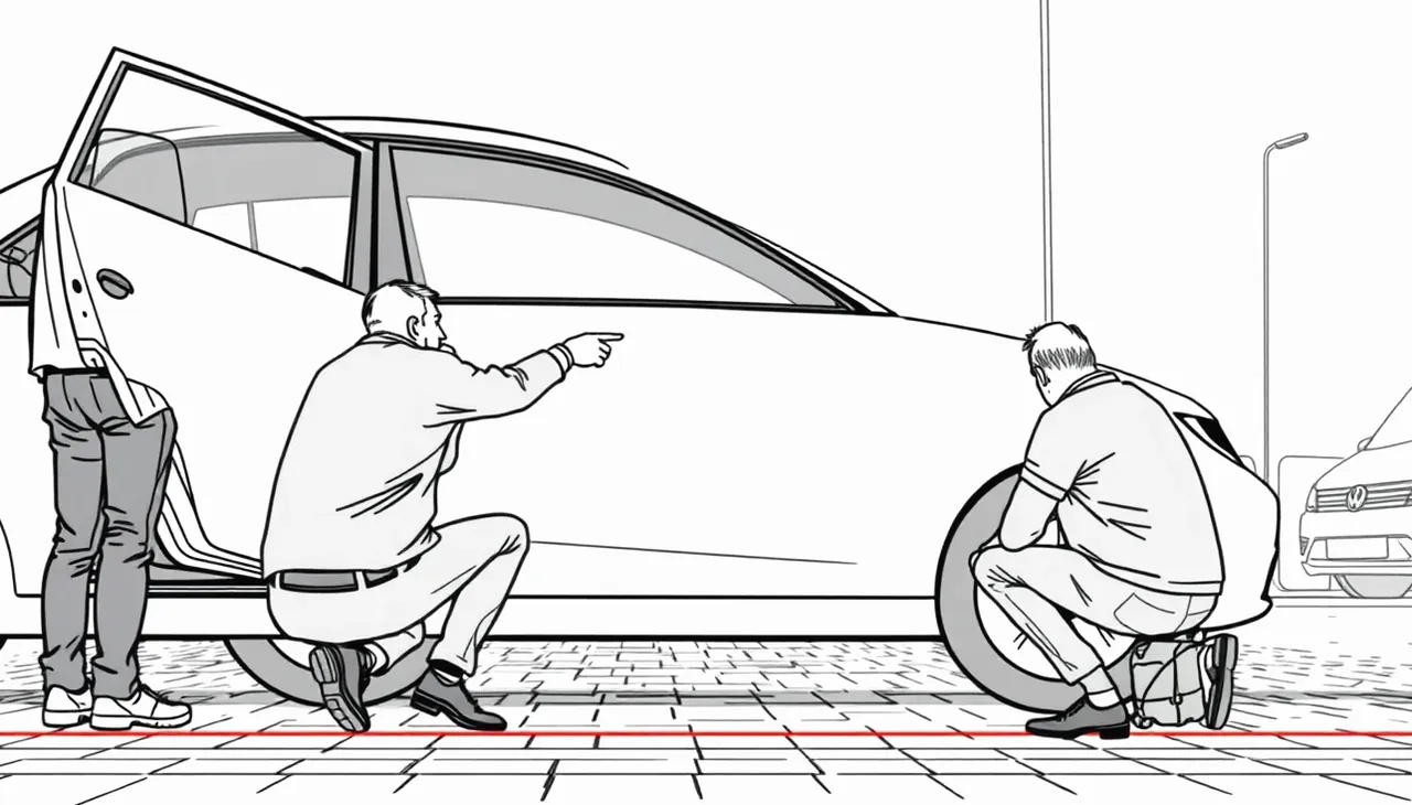 Znalec meria hrúbku laku na opravenom blatníku osobného automobilu
