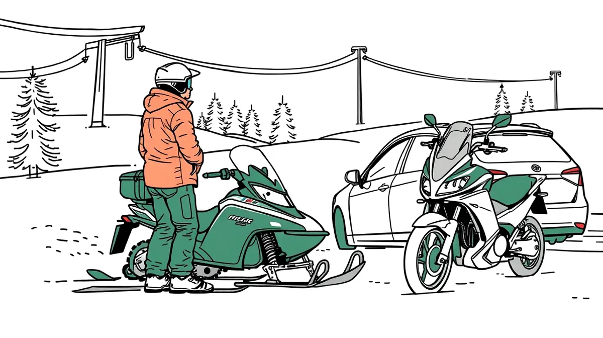 Zelená karta položená na sedadle motorových saní pripravených na jazdu