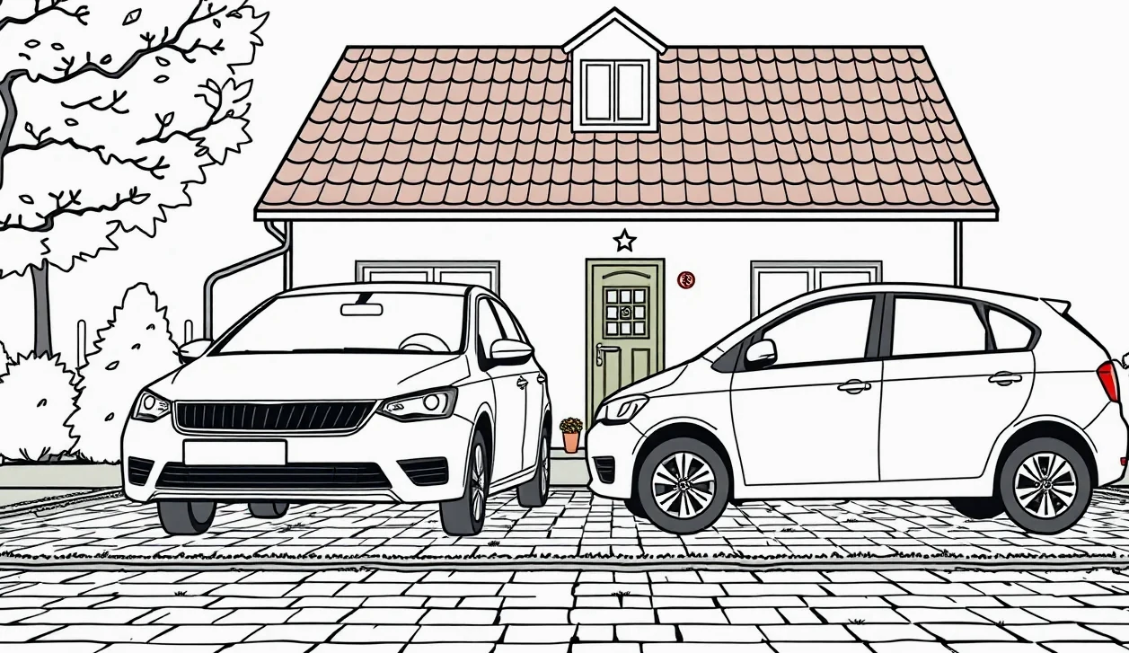 Dve osobné autá, rodinné SUV a menší mestský hatchback, zaparkované vedľa seba pred rodinným domom