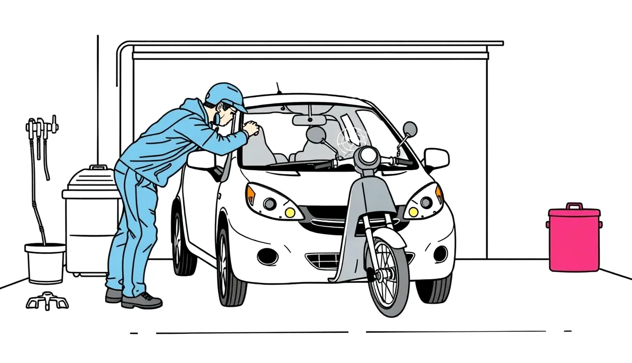 Mechanik v autoservise kontroluje poškodenú karosériu podľa rozpočtu opravy