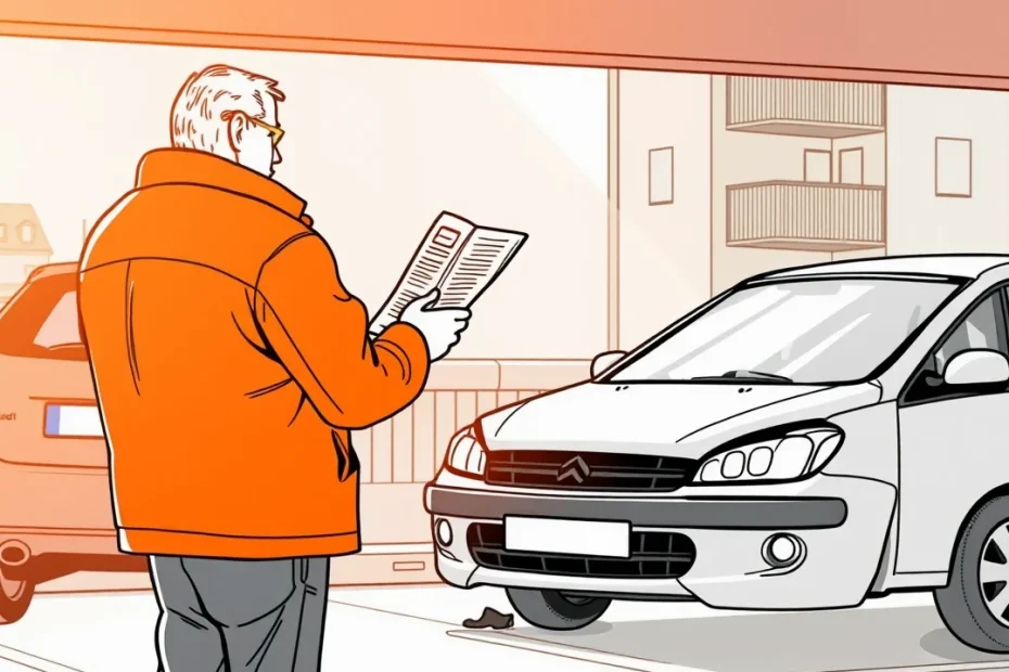 Poškodené zaparkované auto s preliačeným blatníkom po búrke
