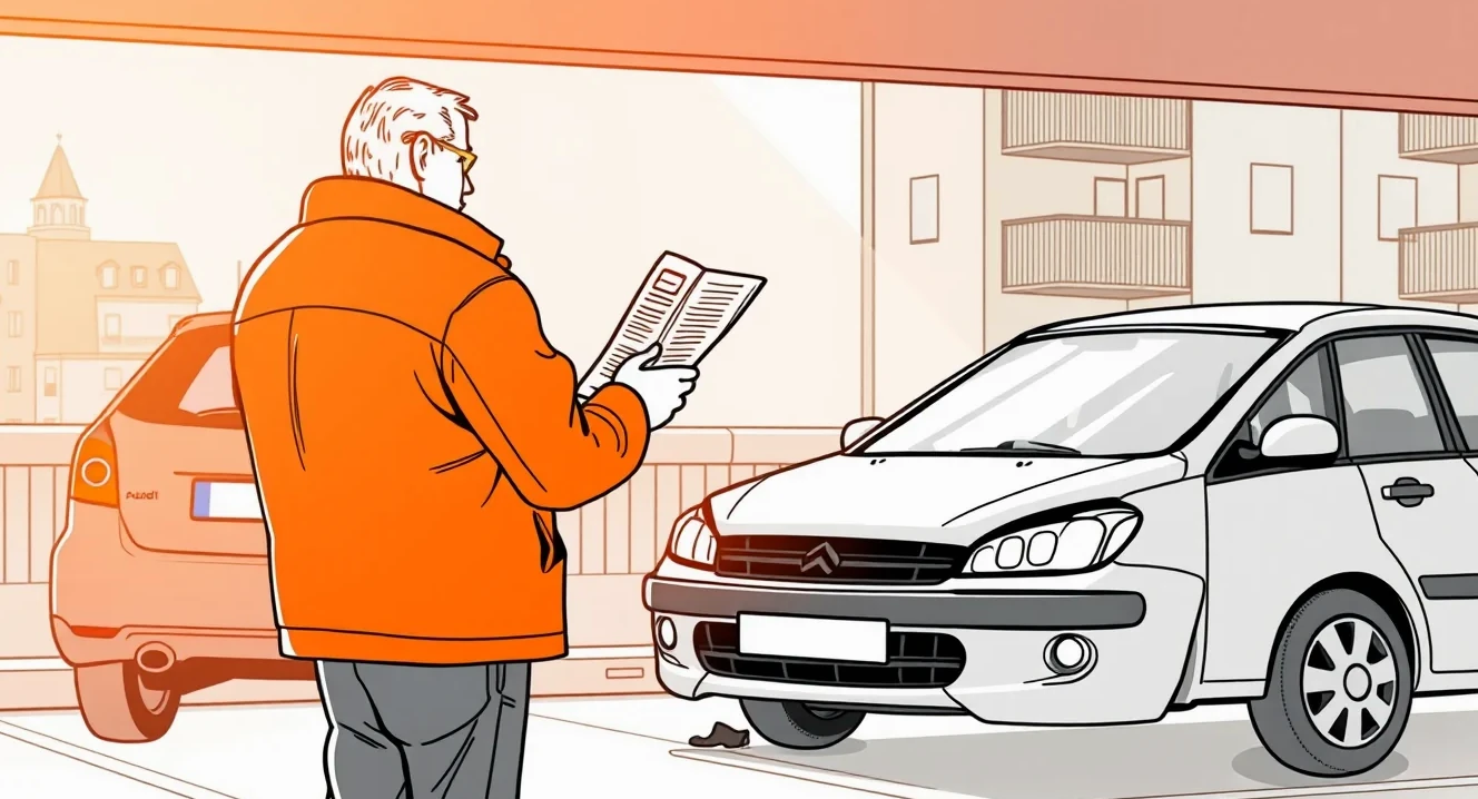 Poškodené zaparkované auto s preliačeným blatníkom po búrke