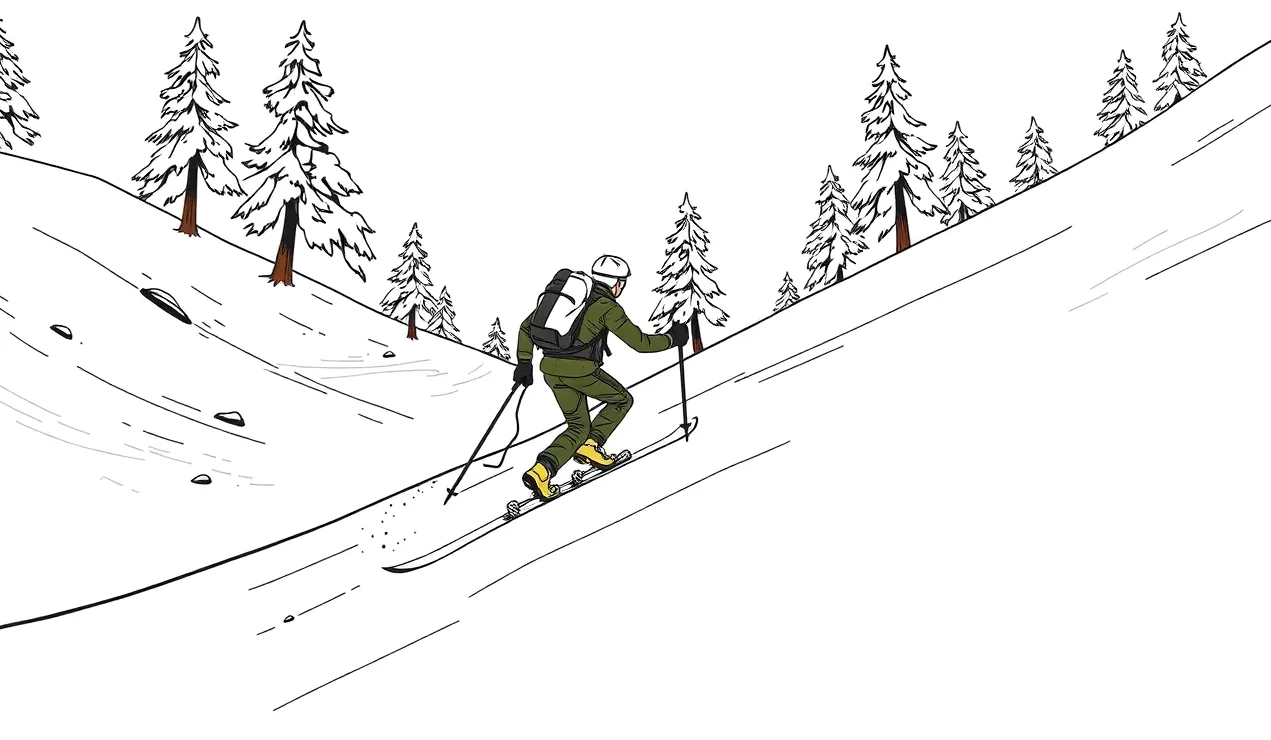 Skialpinista stúpajúci na lyžiach zasneženým svahom vo voľnom horskom teréne
