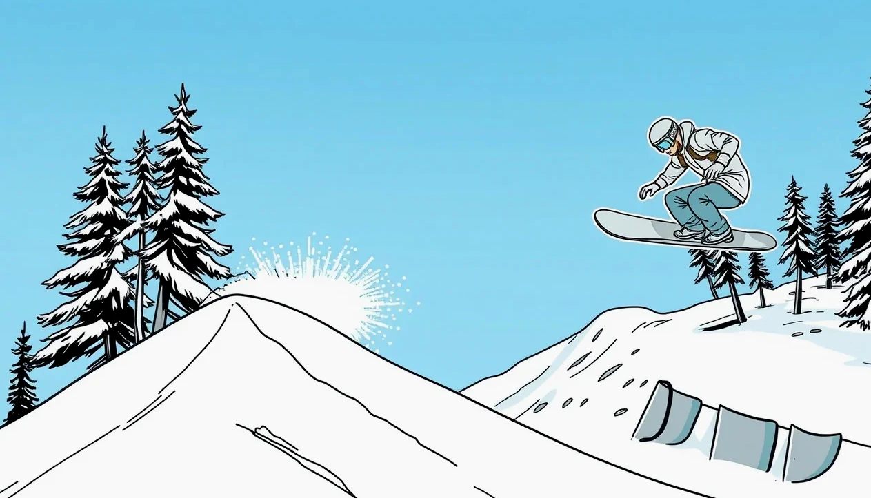 Snowboardista predvádza akrobatický trik na prekážke v zasneženom snowparku