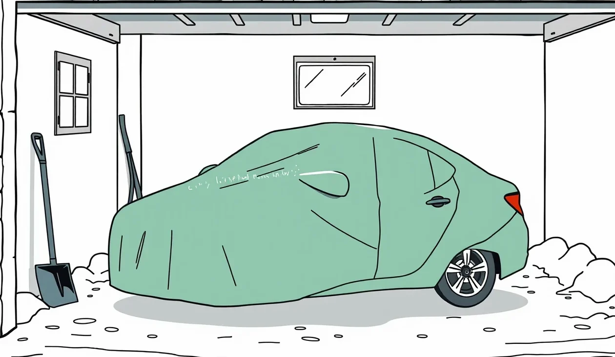 Odstavené osobné auto zaparkované v zimnej garáži s kalkulačkou na kapote