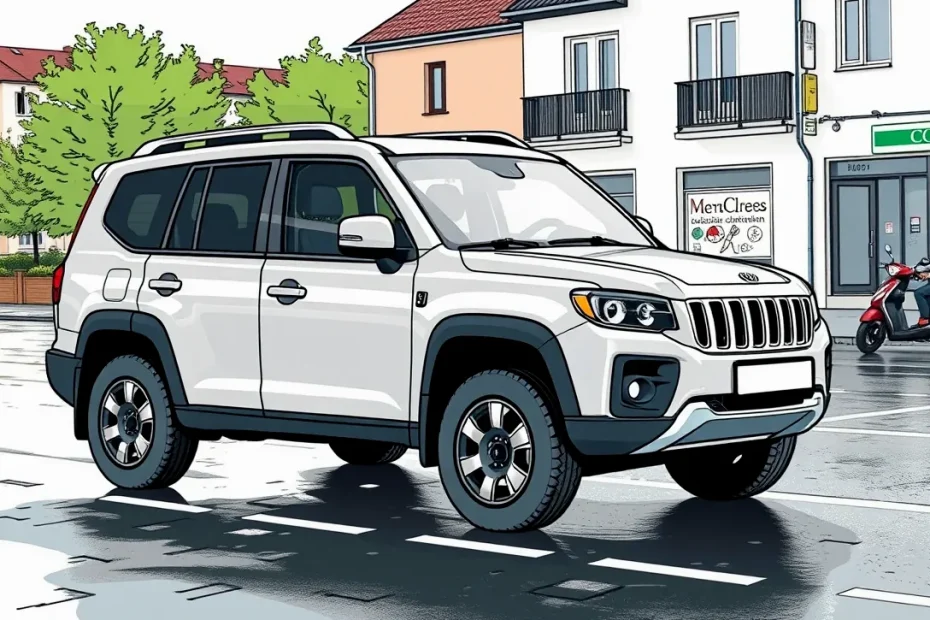 Firemný terénny automobil Jeep zaparkovaný na kamenistej ceste pri stavenisku