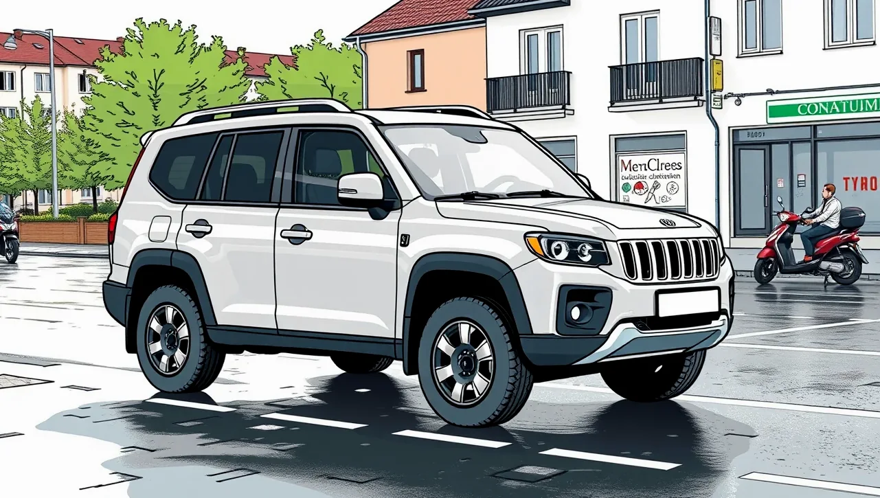 Firemný terénny automobil Jeep zaparkovaný na kamenistej ceste pri stavenisku