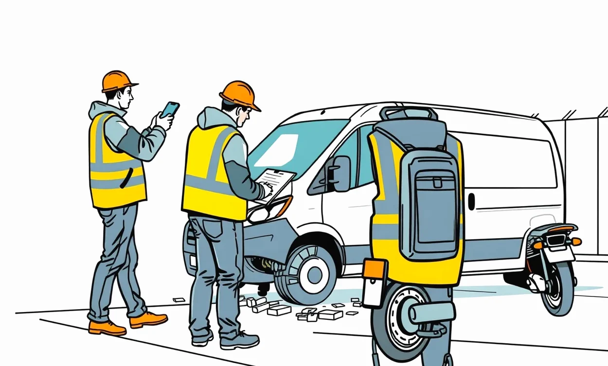 Obhliadka poškodenia po kolízii pracovného mechanizmu na pozemnej komunikácii
