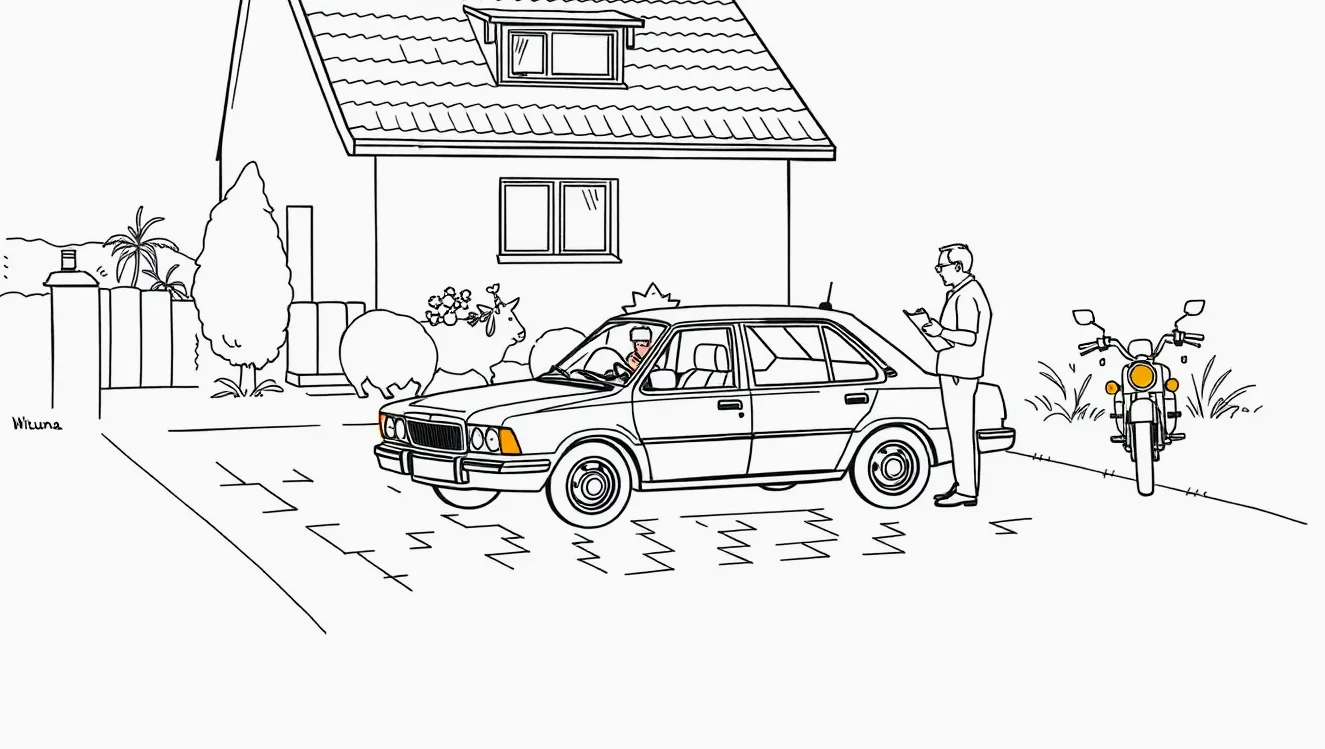 Sivý sedan Saab 9-3 zaparkovaný pri ceste pred administratívnou budovou
