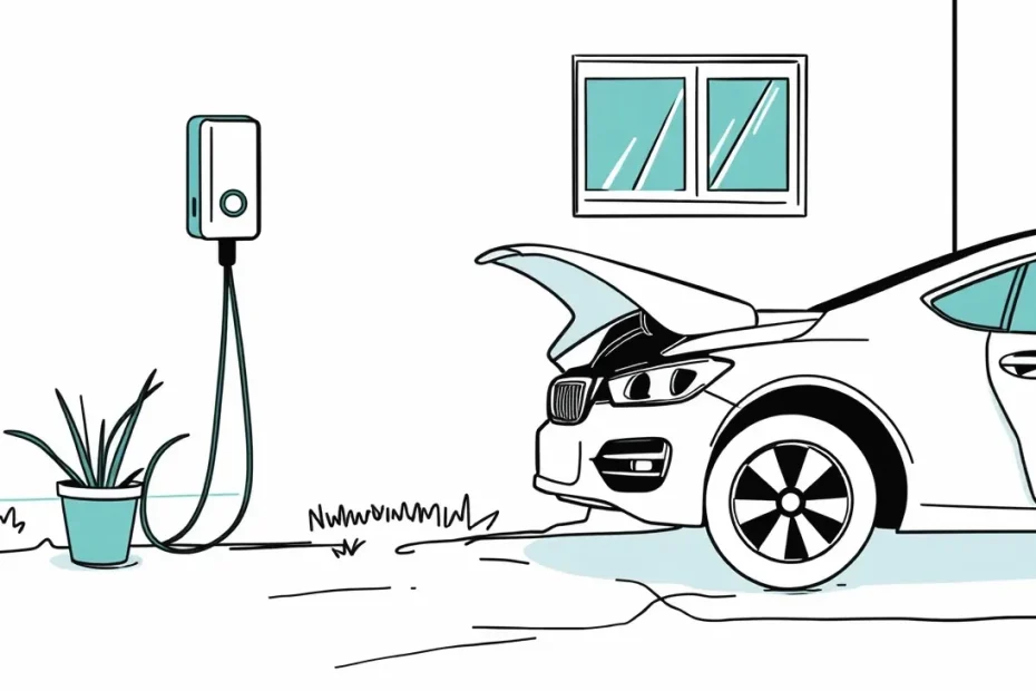 Detail prasknutého nabíjacieho konektora typu 2 pri elektromobile v garáži