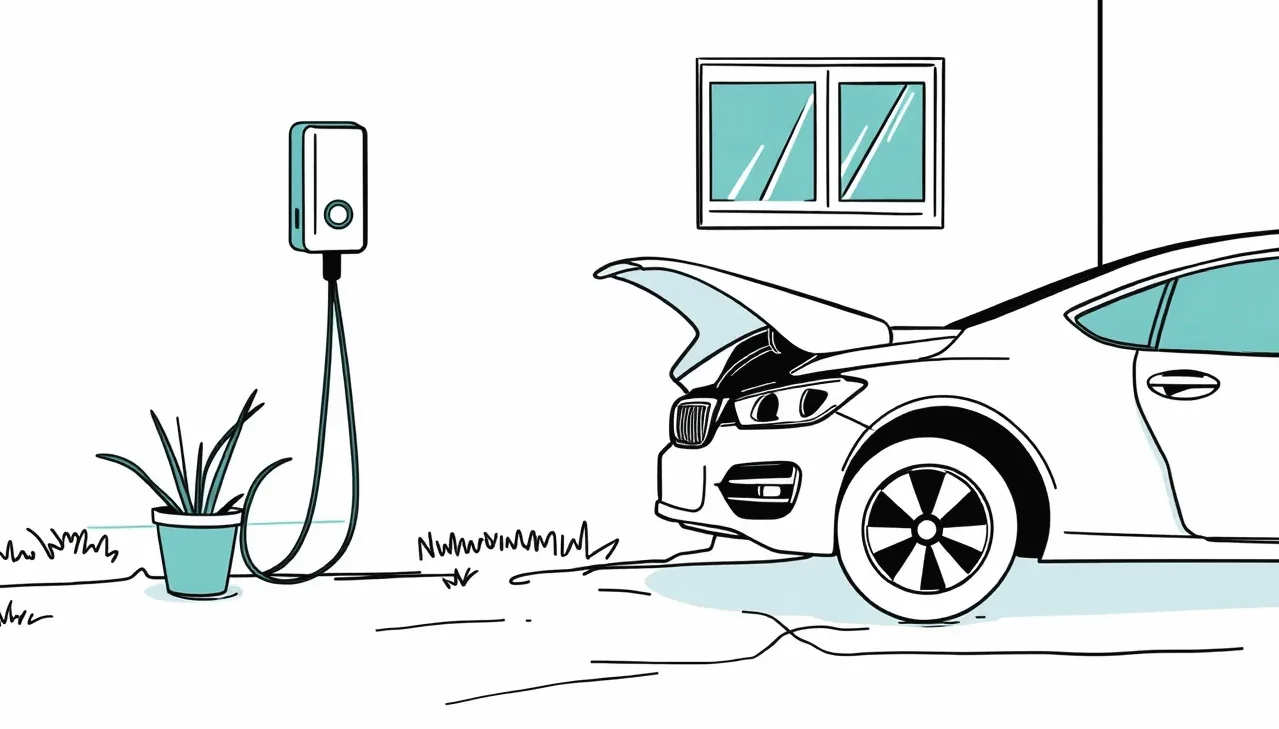 Detail prasknutého nabíjacieho konektora typu 2 pri elektromobile v garáži