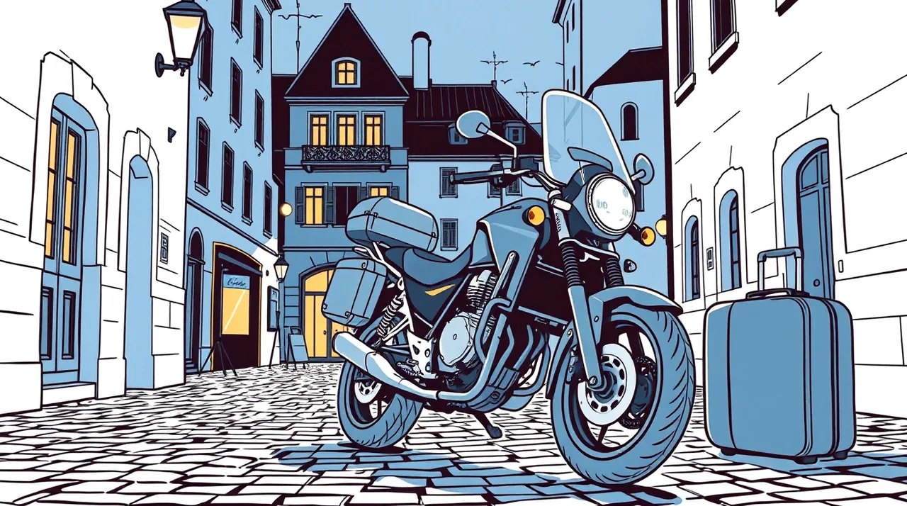 Cestovný motocykel s uzamknutými hliníkovými kuframi pri hoteli