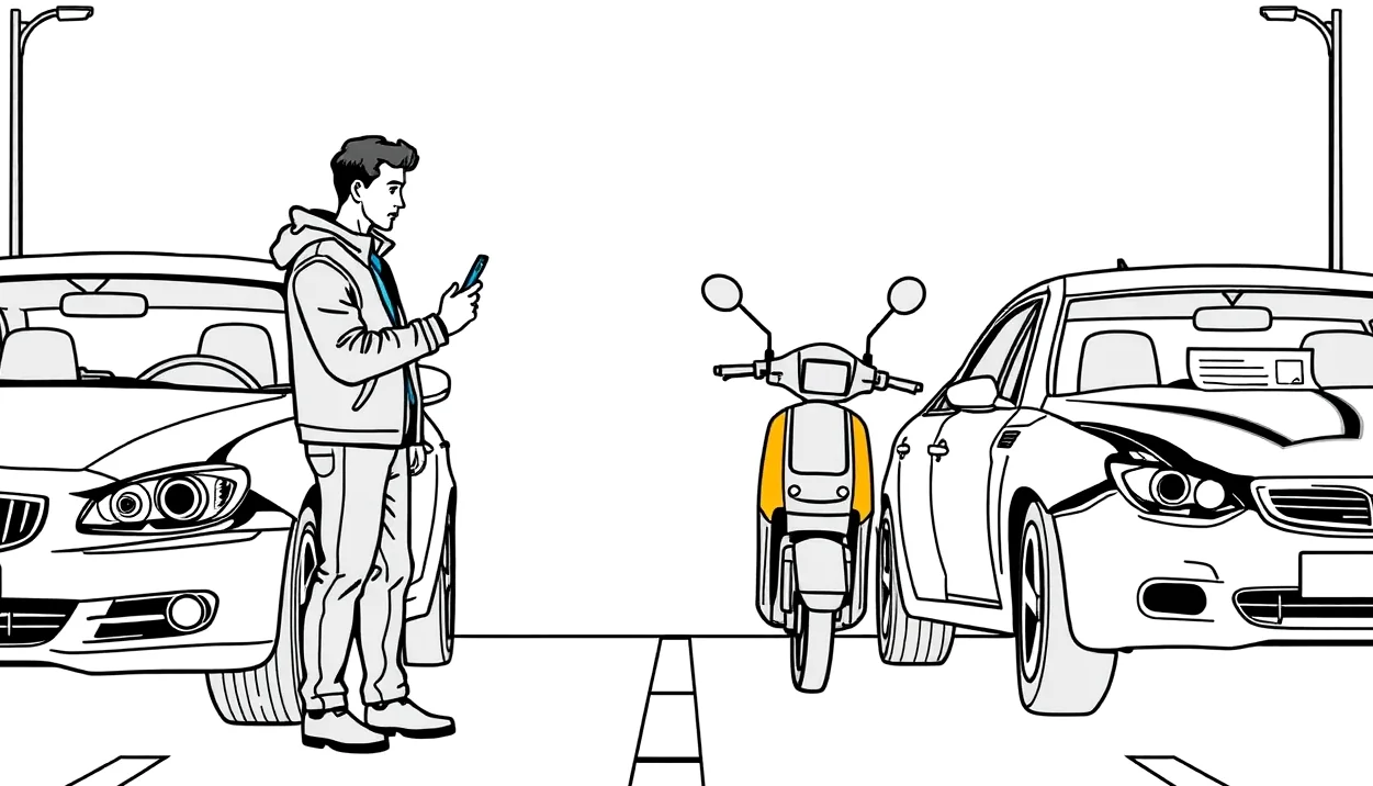 Motocyklista v prilbe pri odstavenej motorke na krajnici