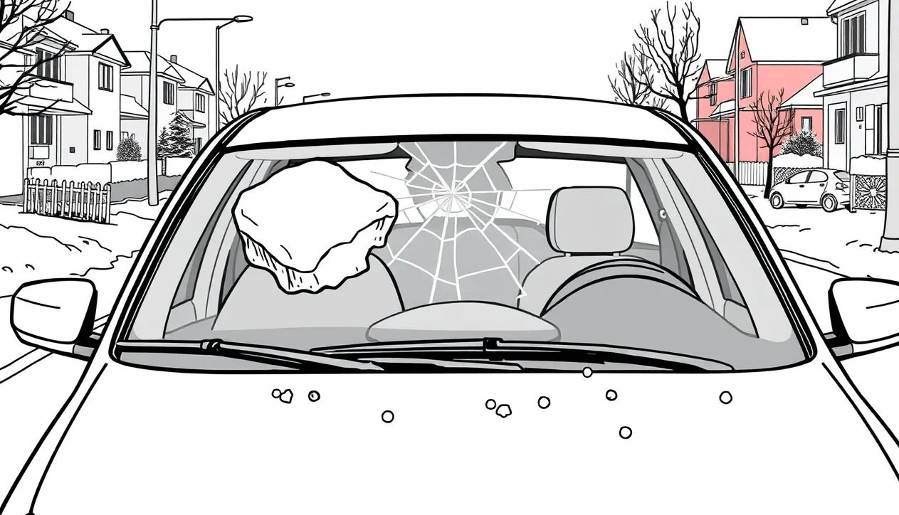 Osobné auto s deformovanou kapotou a rozbitým čelným sklom po páde snehovej masy z budovy